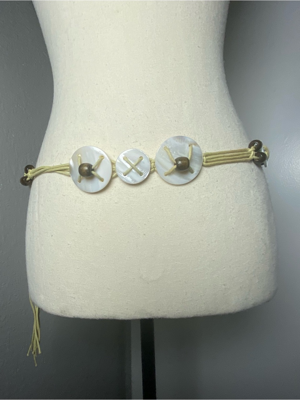 Y2K Boho Fairy  White Shell & Green Beaded Rope Belt One Size